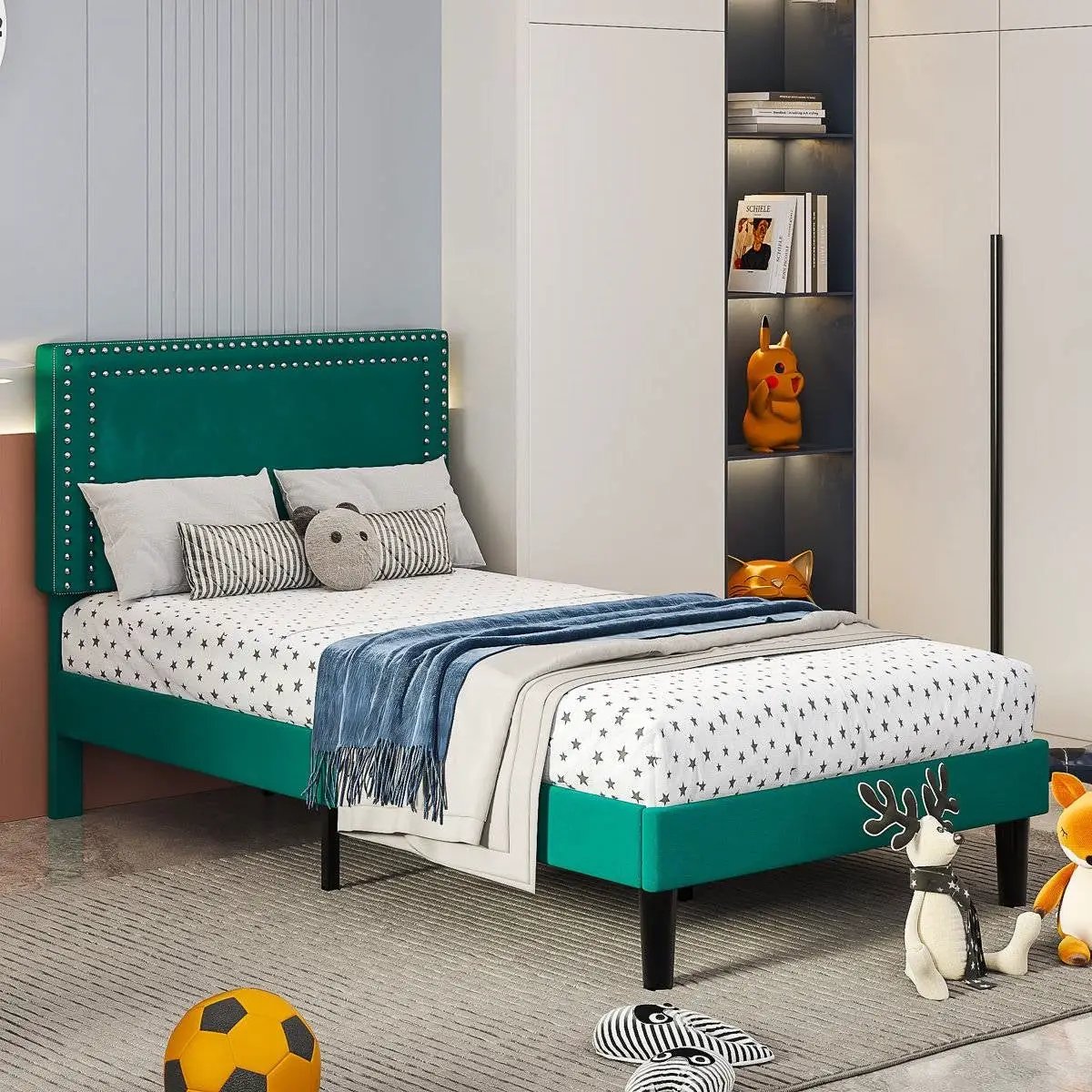 Set of 2 - Twin size Dark Green Upholstered Platform Bed Frame with Headboard by HomePacific