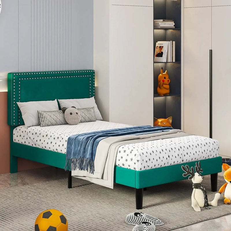 Set of 2 - Twin size Dark Green Upholstered Platform Bed Frame with Headboard by HomePacific