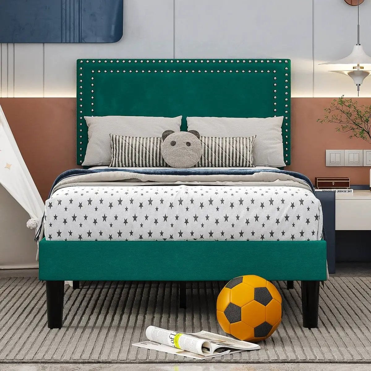 Set of 2 - Twin size Dark Green Upholstered Platform Bed Frame with Headboard by HomePacific