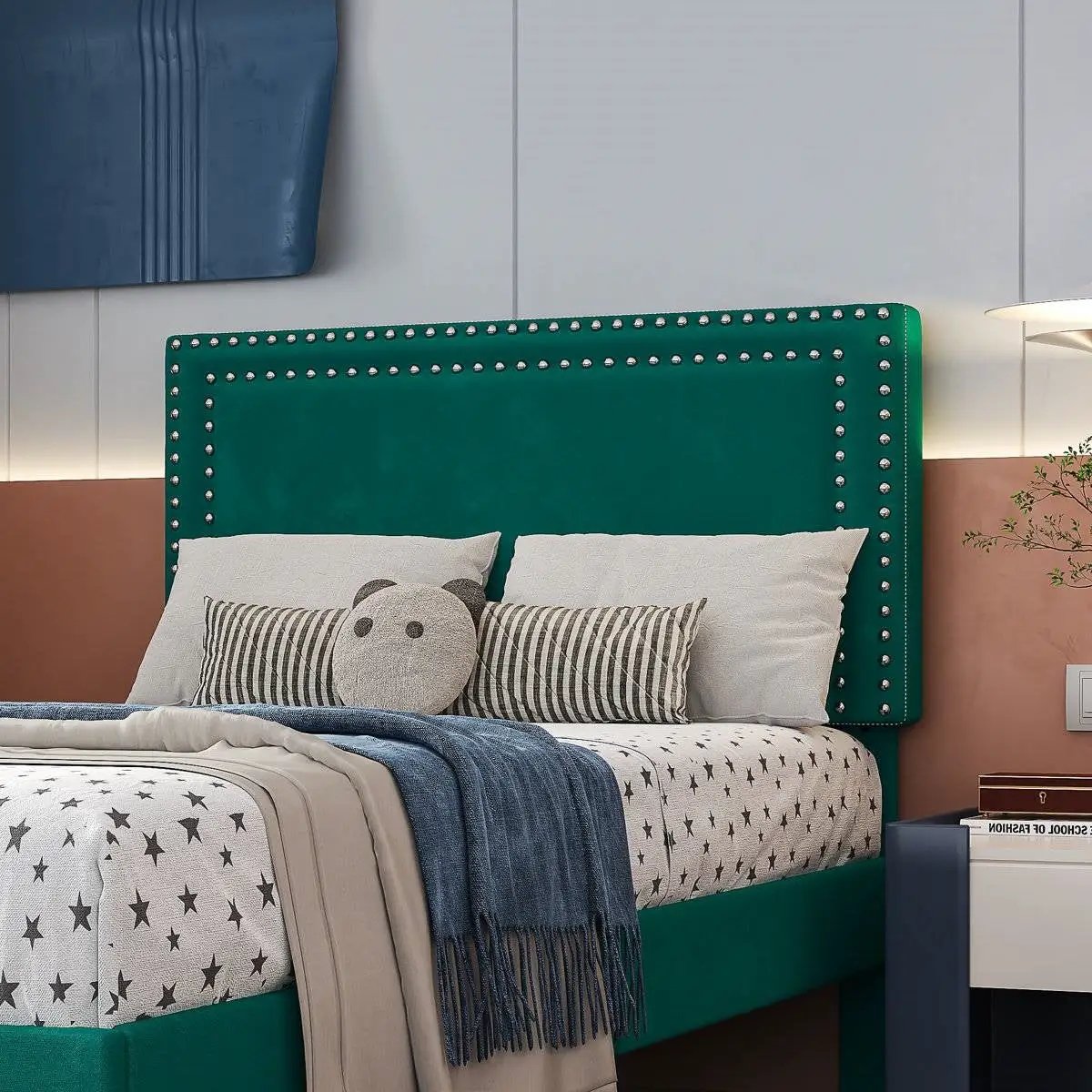 Set of 2 - Twin size Dark Green Upholstered Platform Bed Frame with Headboard by HomePacific