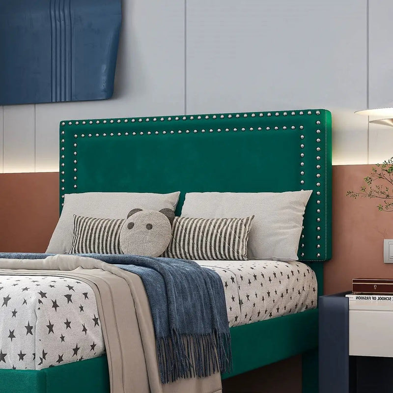 Set of 2 - Twin size Dark Green Upholstered Platform Bed Frame with Headboard by HomePacific