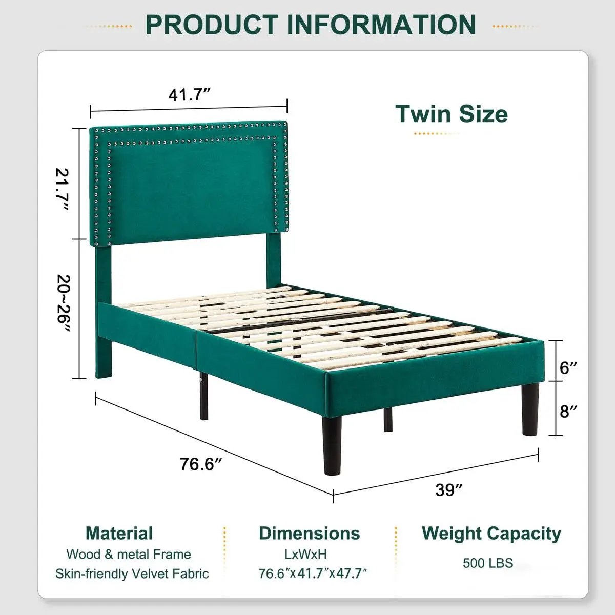 Set of 2 - Twin size Dark Green Upholstered Platform Bed Frame with Headboard by HomePacific