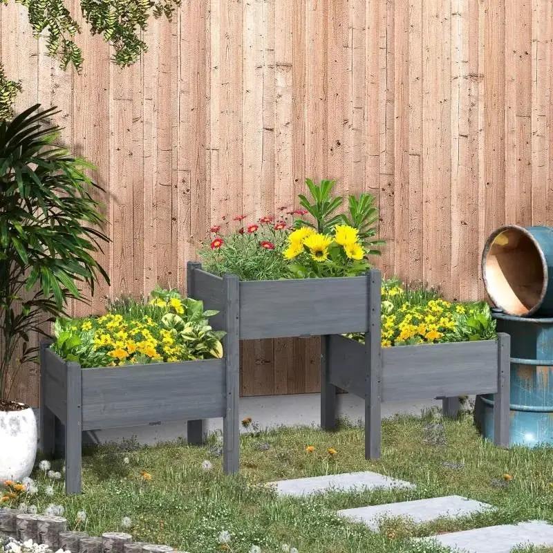3 Grey Wood Elevated Planter Set Vegetable Herb Flowers Raised Garden Beds by HomePacific