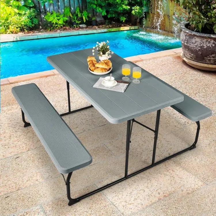 Grey Folding Picnic Table with 2 Benches Outdoor Patio Dining Set by HomePacific