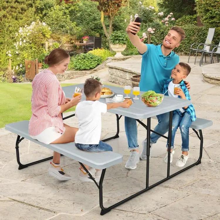 Grey Folding Picnic Table with 2 Benches Outdoor Patio Dining Set by HomePacific