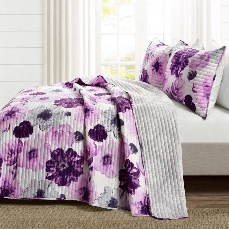 King size Purple Grey Flowers Lightweight Polyester Microfiber Quilt Set by HomePacific