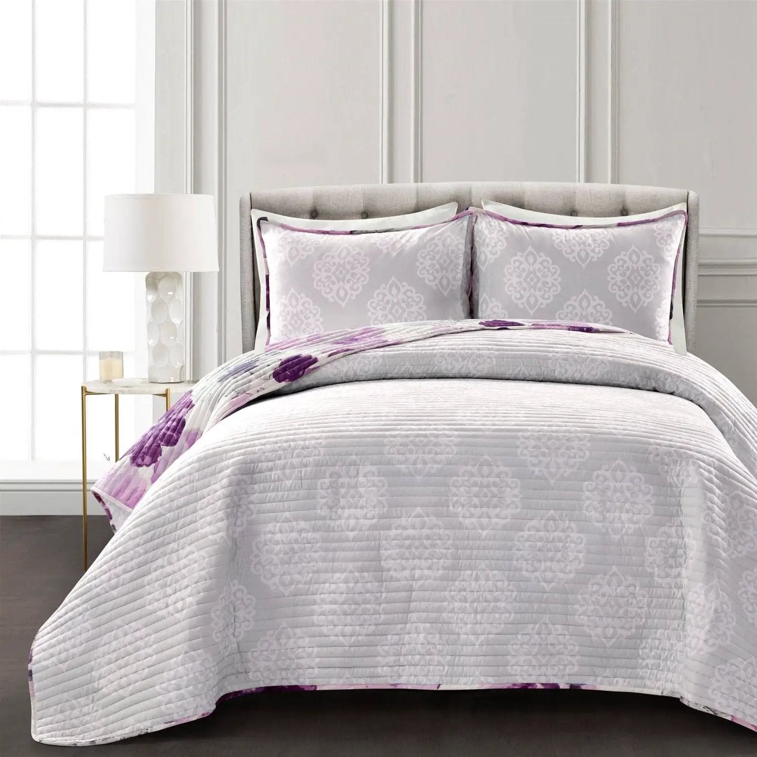 King size Purple Grey Flowers Lightweight Polyester Microfiber Quilt Set by HomePacific