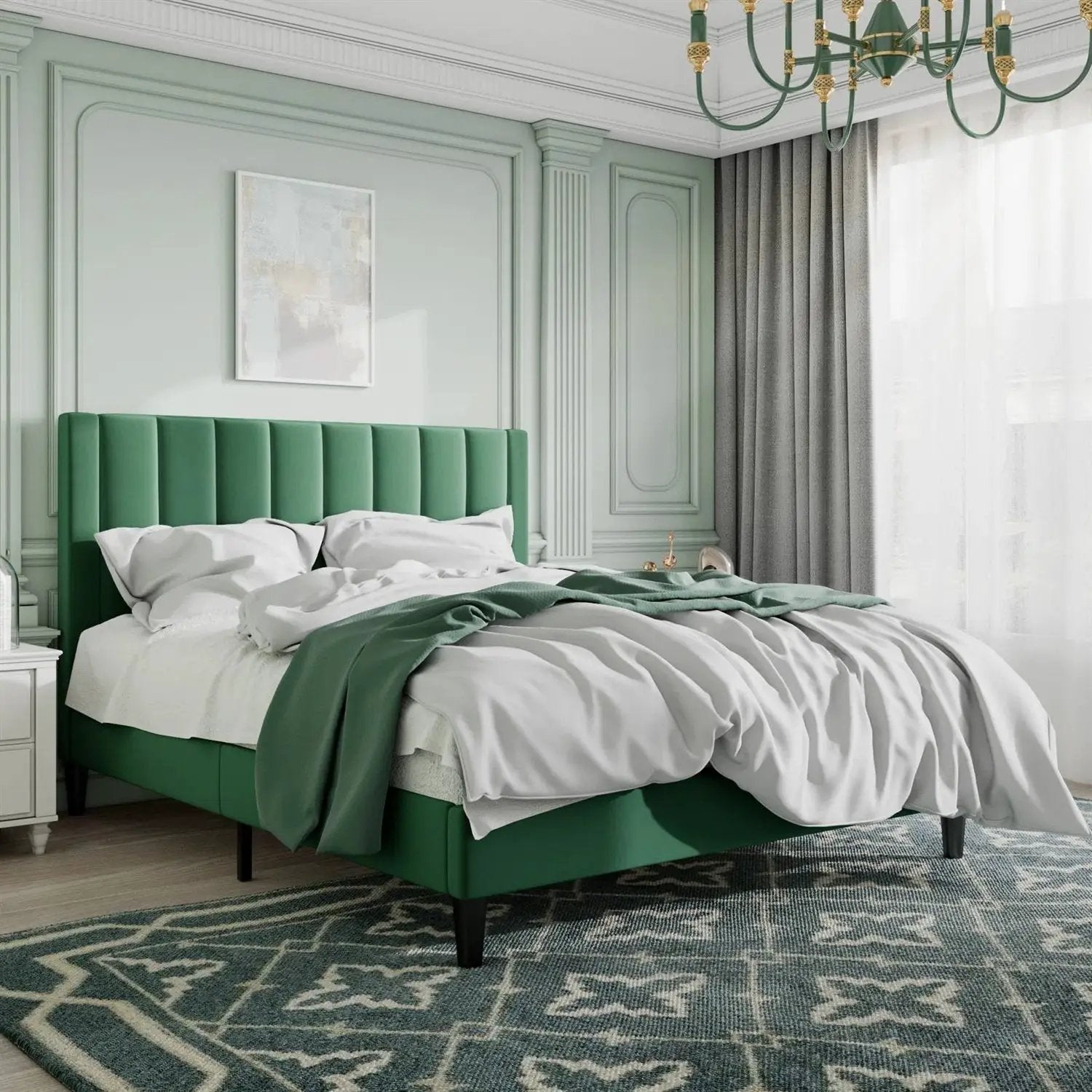 Queen size Modern Green Velvet Upholstered Platform Bed with Headboard by HomePacific
