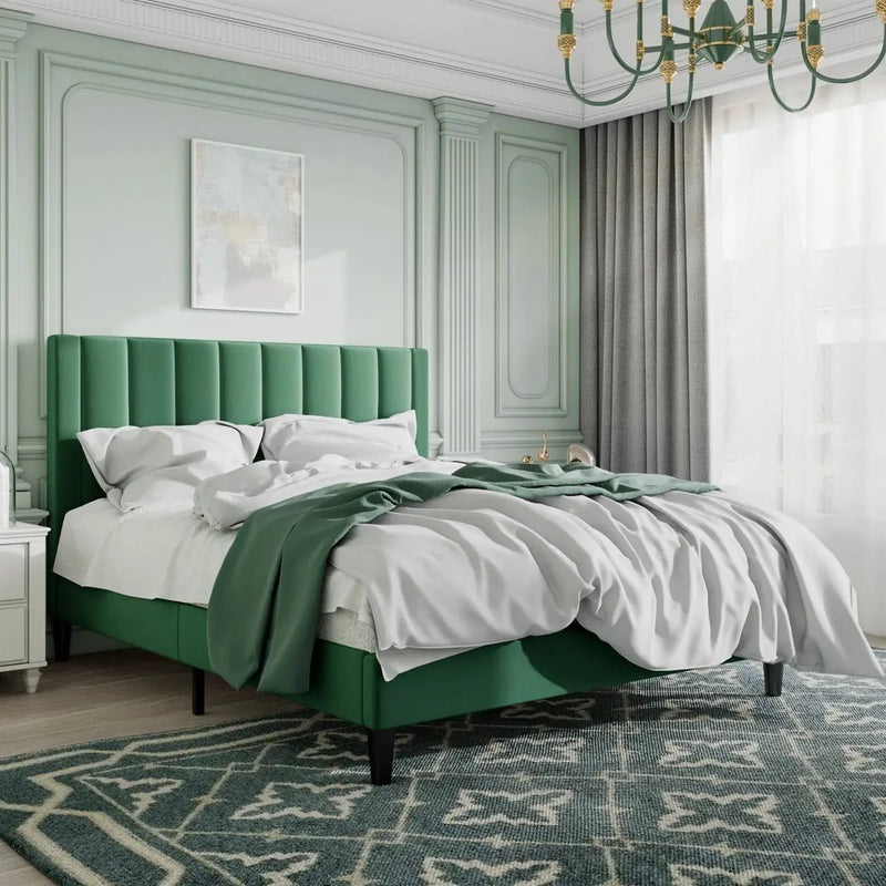 Queen size Modern Green Velvet Upholstered Platform Bed with Headboard by HomePacific