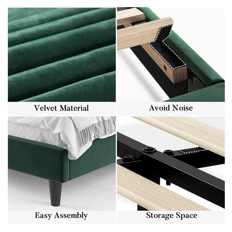 Queen size Modern Green Velvet Upholstered Platform Bed with Headboard by HomePacific