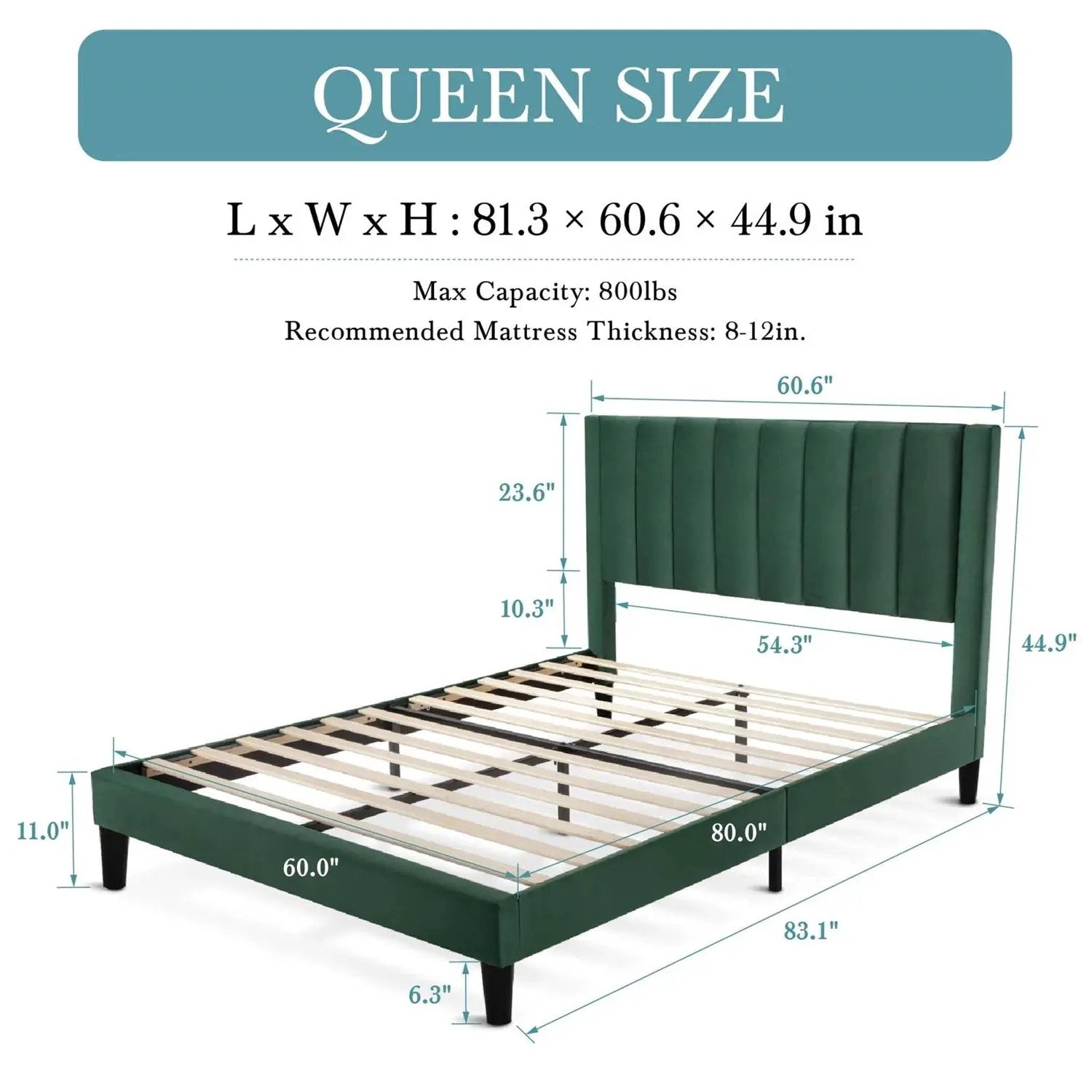 Queen size Modern Green Velvet Upholstered Platform Bed with Headboard by HomePacific