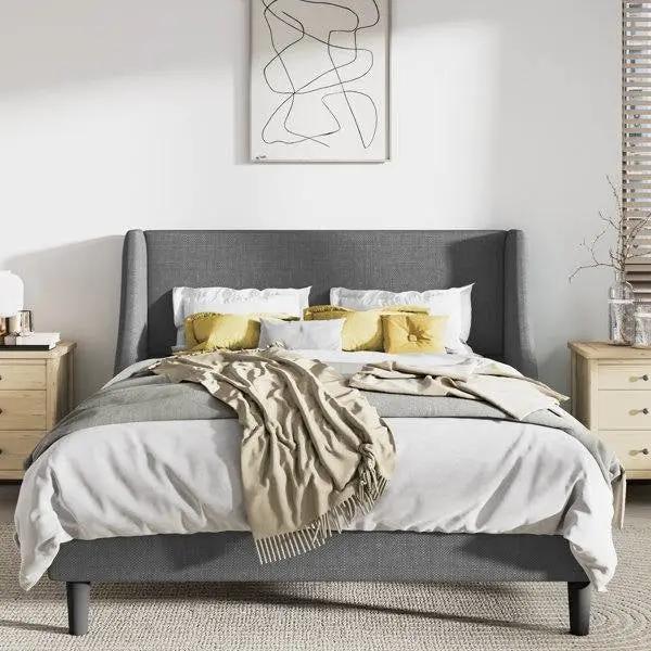 Queen Size Grey Linen Blend Upholstered Platform Bed with Wingback Headboard by HomePacific