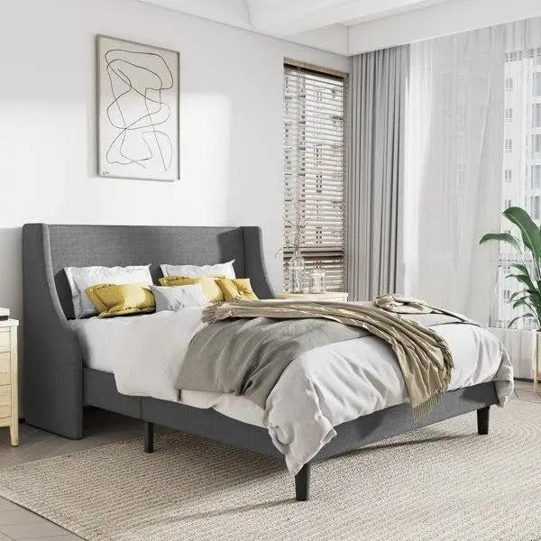Queen Size Grey Linen Blend Upholstered Platform Bed with Wingback Headboard by HomePacific