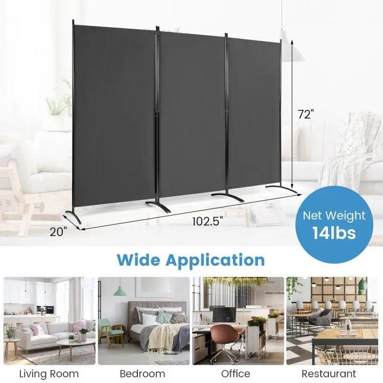 6-Ft Grey 3-Panel Room Divider Screen with Steel Base and Heavy Duty Hinges by HomePacific
