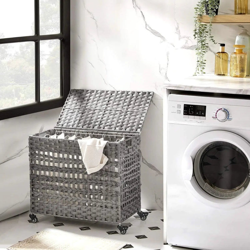 Grey PP Rattan 3-Basket Laundry Hamper Sorter Cart with Removable Cotton Bags by HomePacific