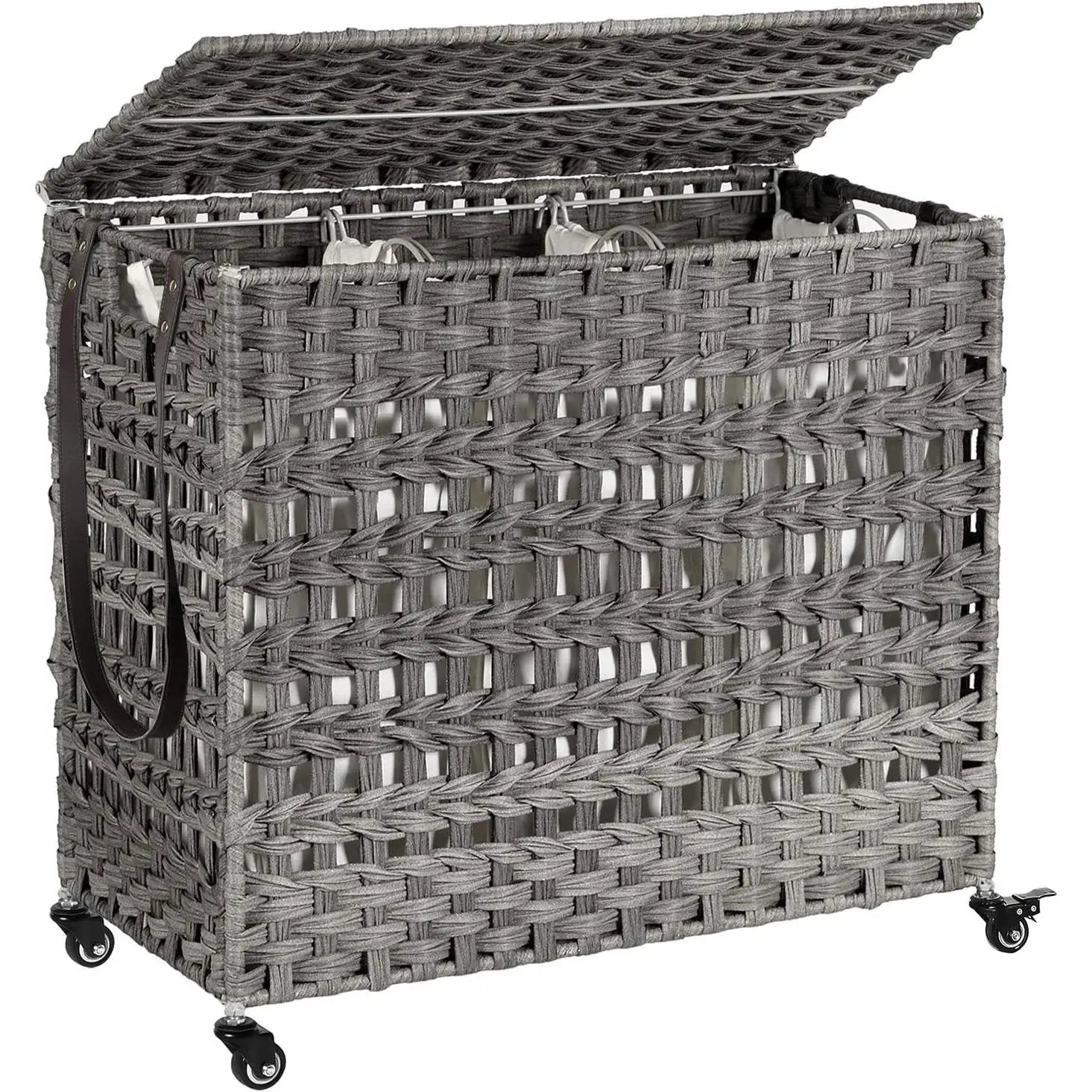 Grey PP Rattan 3-Basket Laundry Hamper Sorter Cart with Removable Cotton Bags by HomePacific