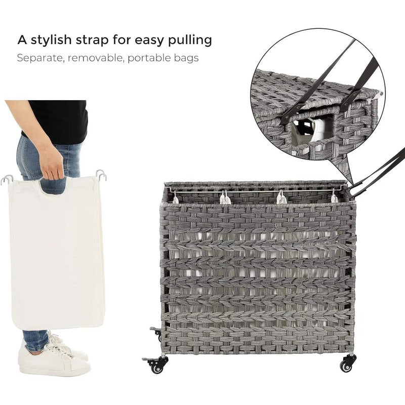 Grey PP Rattan 3-Basket Laundry Hamper Sorter Cart with Removable Cotton Bags by HomePacific