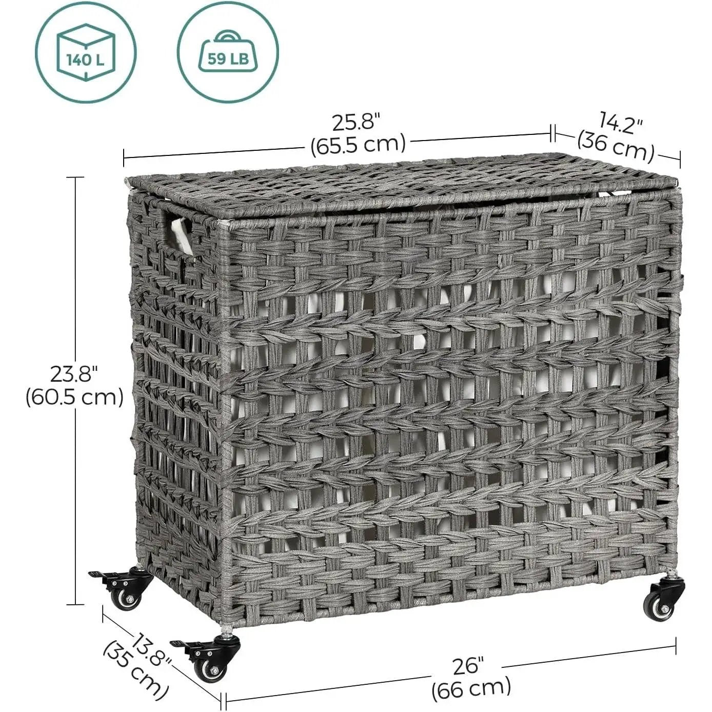Grey PP Rattan 3-Basket Laundry Hamper Sorter Cart with Removable Cotton Bags by HomePacific