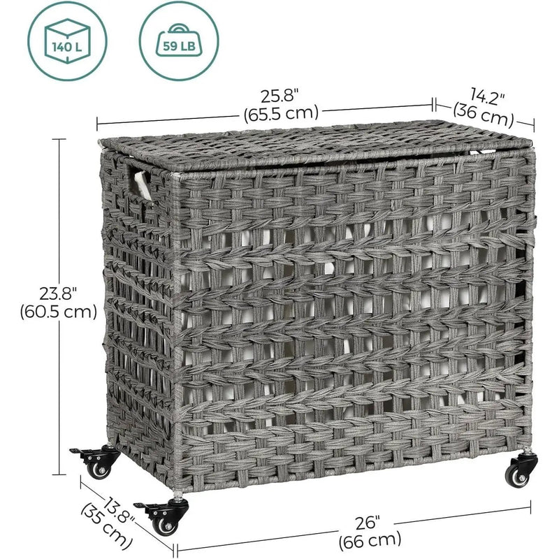 Grey PP Rattan 3-Basket Laundry Hamper Sorter Cart with Removable Cotton Bags by HomePacific