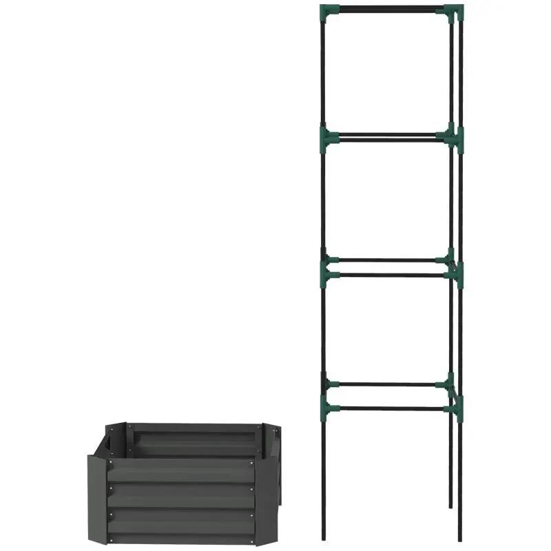 Grey Galvanized Open Bottom Raised Garden Bed Planter with Tomato Cage Trellis by HomePacific