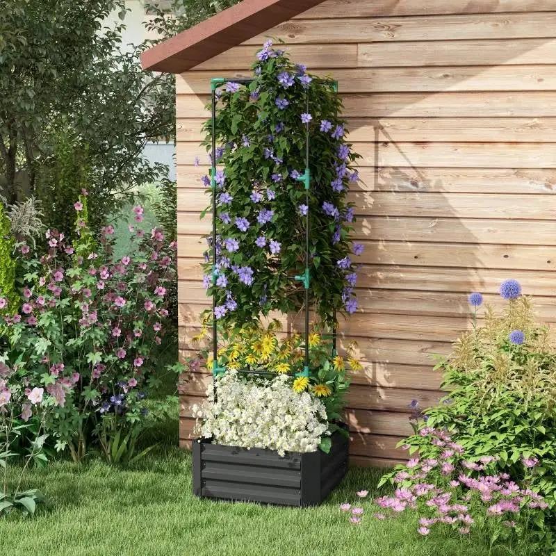 Grey Galvanized Open Bottom Raised Garden Bed Planter with Tomato Cage Trellis by HomePacific