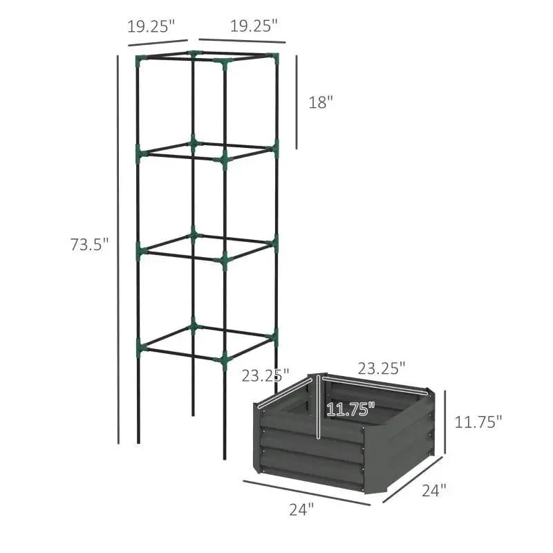 Grey Galvanized Open Bottom Raised Garden Bed Planter with Tomato Cage Trellis by HomePacific