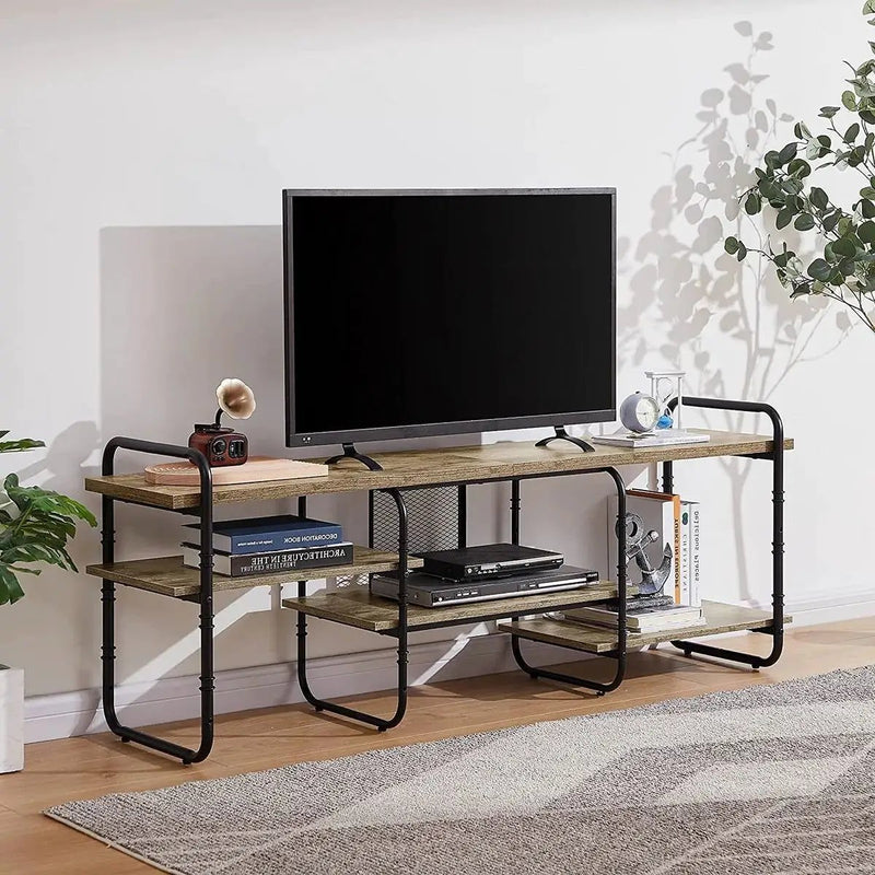 Modern Grey Wood Black Metal Entertainment Center TV Stand for TV up to 75-inch by HomePacific