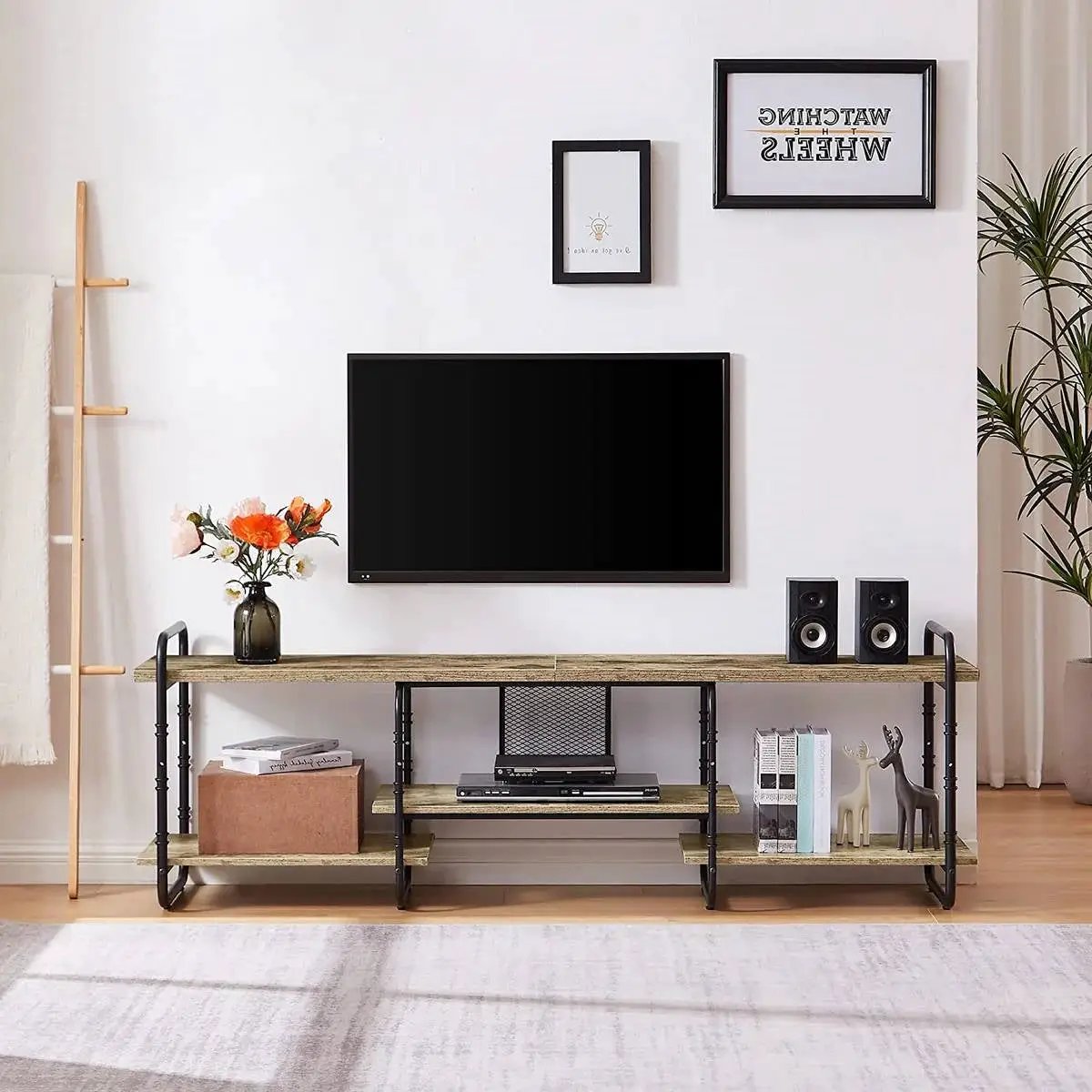 Modern Grey Wood Black Metal Entertainment Center TV Stand for TV up to 75-inch by HomePacific