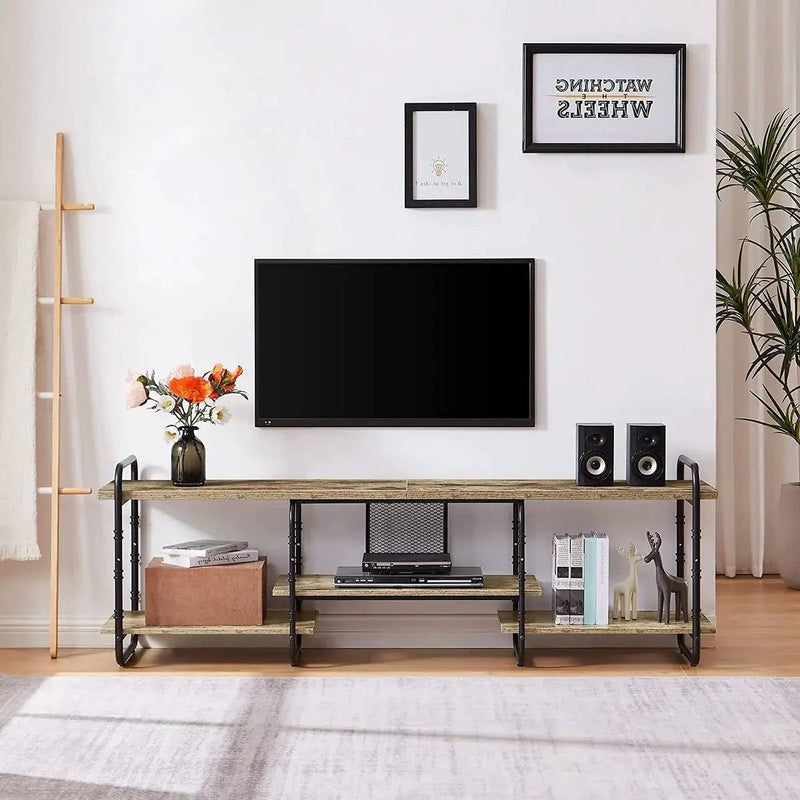 Modern Grey Wood Black Metal Entertainment Center TV Stand for TV up to 75-inch by HomePacific