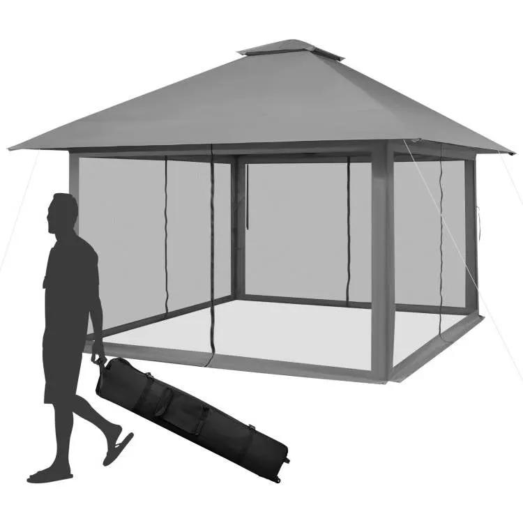 Grey 13 x 13 Ft Pop-Up Gazebo Outdoor Canopy w/ Mesh Mosquito Netting Sidewalls by HomePacific