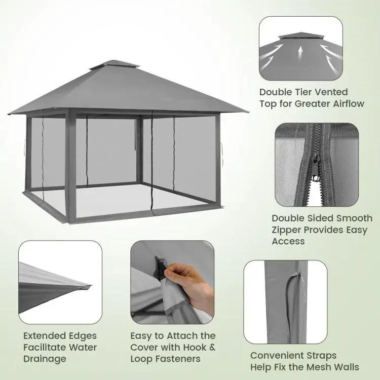 Grey 13 x 13 Ft Pop-Up Gazebo Outdoor Canopy w/ Mesh Mosquito Netting Sidewalls by HomePacific