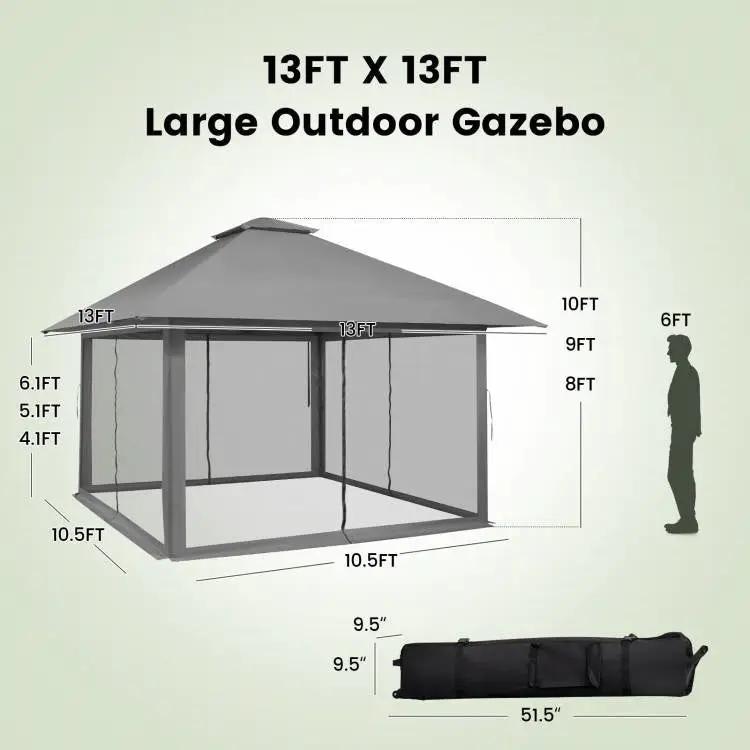 Grey 13 x 13 Ft Pop-Up Gazebo Outdoor Canopy w/ Mesh Mosquito Netting Sidewalls by HomePacific
