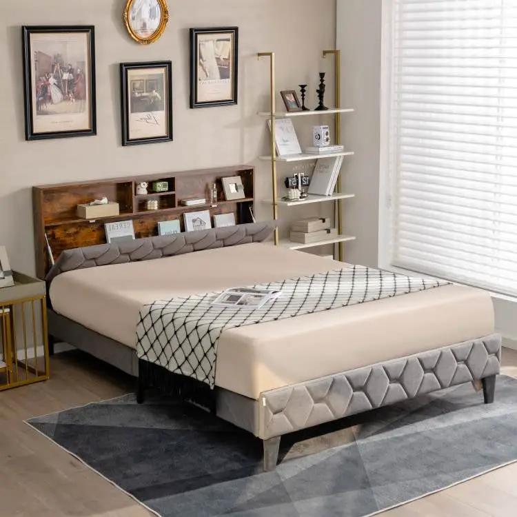 Full Size Velvet Upholstered Open/Close Storage Headboard Platform Bed by HomePacific