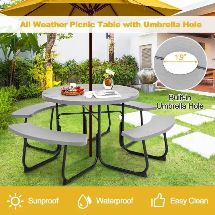 Grey All Weather 8 Seater Picnic Table Umbrella Hole by HomePacific
