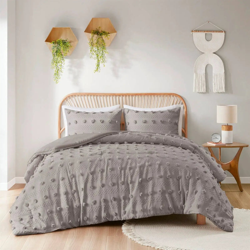 Full/Queen 3-Piece Grey Microfiber Comforter Set with Decorative Pompoms by HomePacific