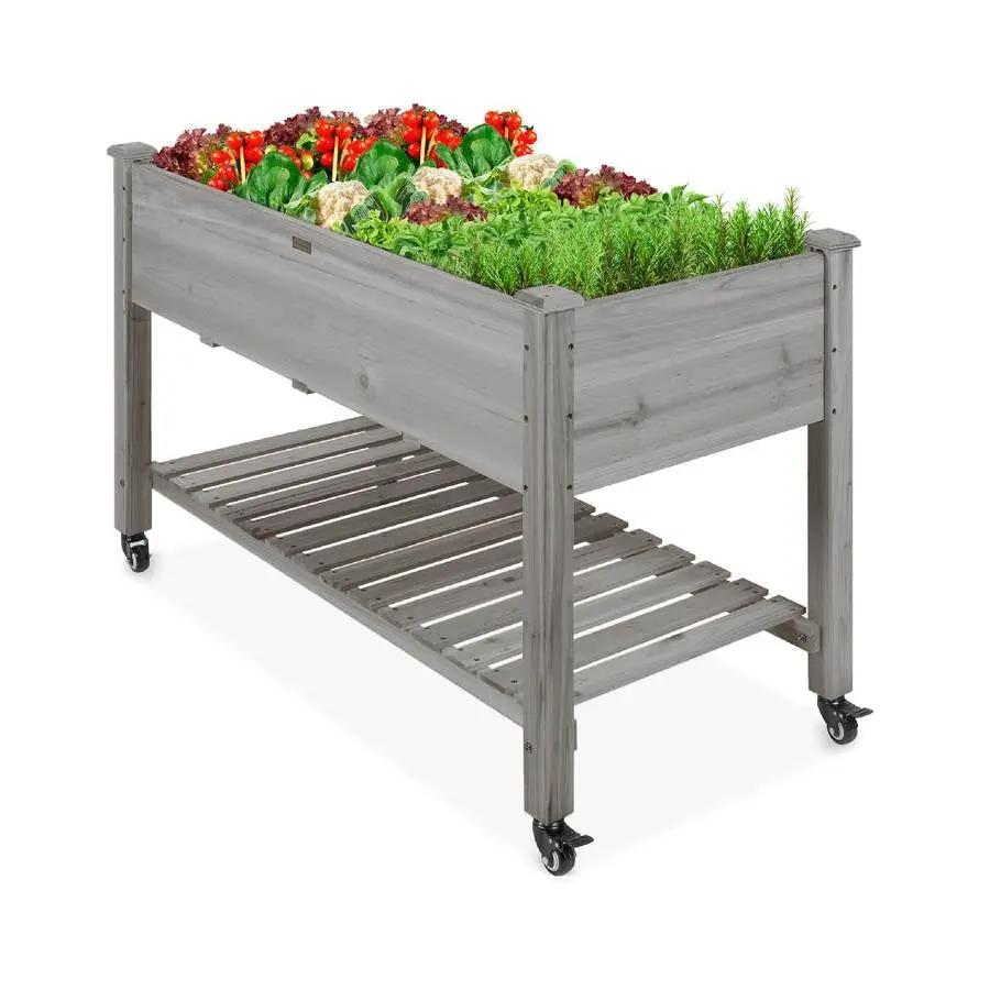 Outdoor Grey Wood Raised Garden Bed Planter Box with Shelf and Locking Wheels by HomePacific