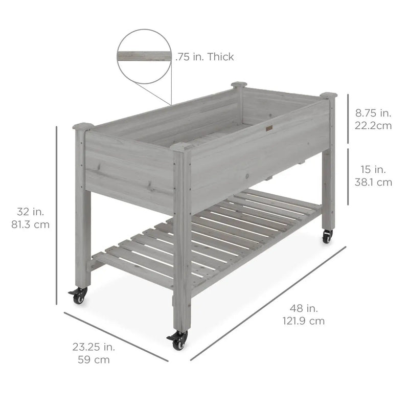 Outdoor Grey Wood Raised Garden Bed Planter Box with Shelf and Locking Wheels by HomePacific