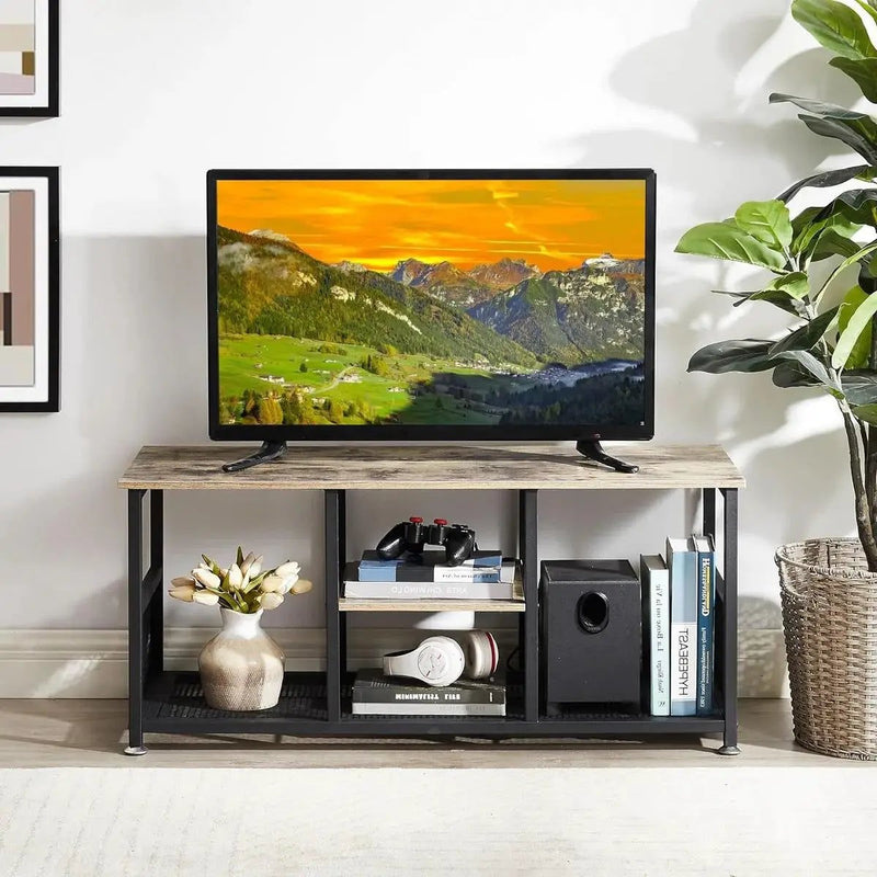 Industrial Modern Black Metal Grey Wood TV Stand with Media Storage Shelf by HomePacific