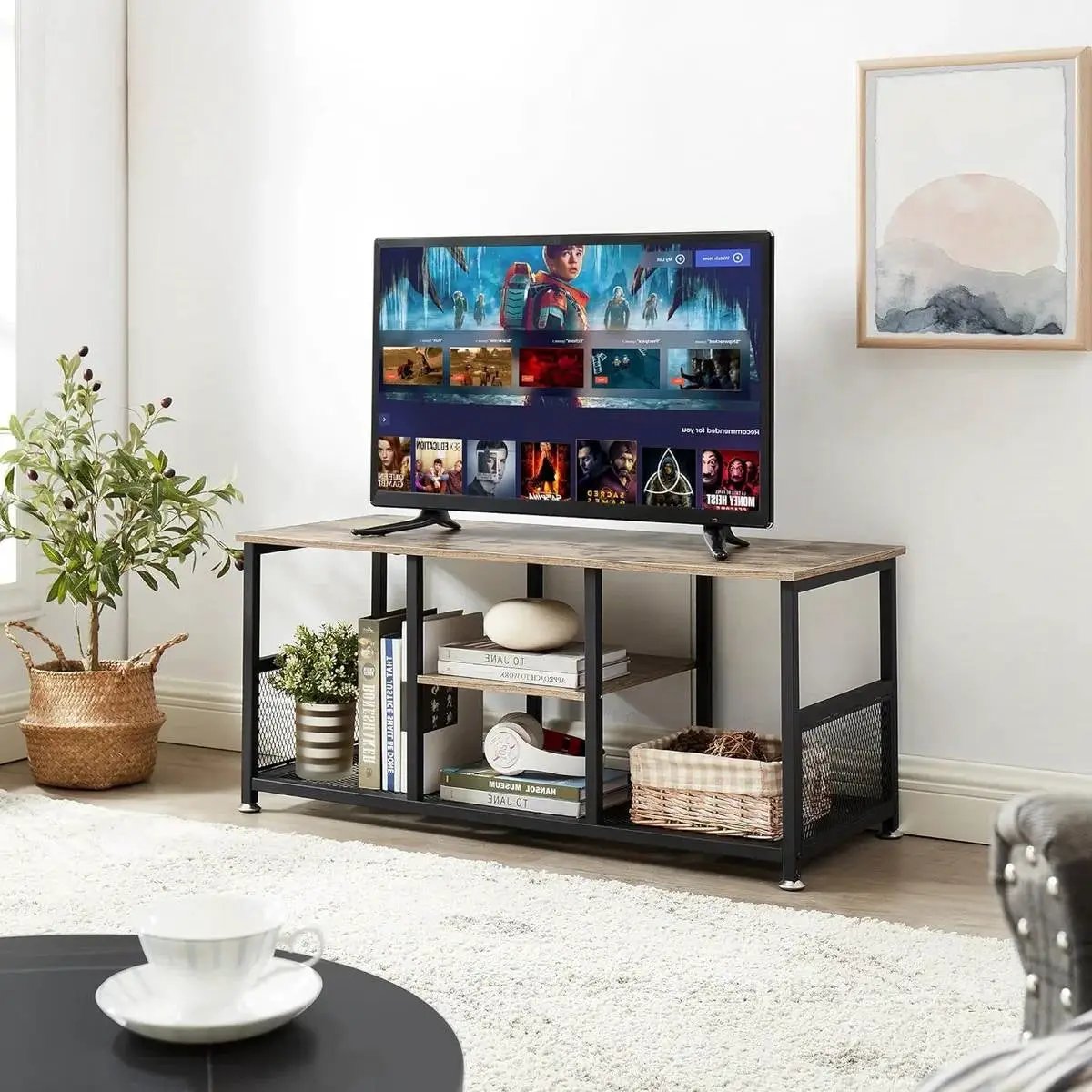 Industrial Modern Black Metal Grey Wood TV Stand with Media Storage Shelf by HomePacific