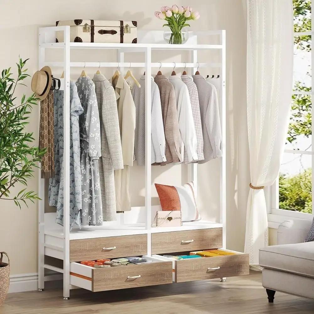 Freestanding White Oak Garment Rack Clothes Hanging Rod with 4 Storage Drawers by HomePacific