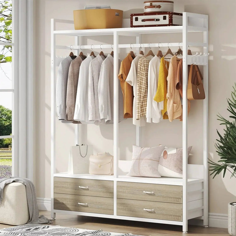 Freestanding White Oak Garment Rack Clothes Hanging Rod with 4 Storage Drawers by HomePacific
