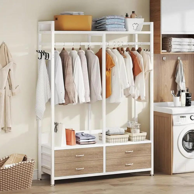 Freestanding White Oak Garment Rack Clothes Hanging Rod with 4 Storage Drawers by HomePacific