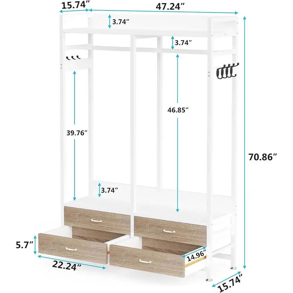 Freestanding White Oak Garment Rack Clothes Hanging Rod with 4 Storage Drawers by HomePacific