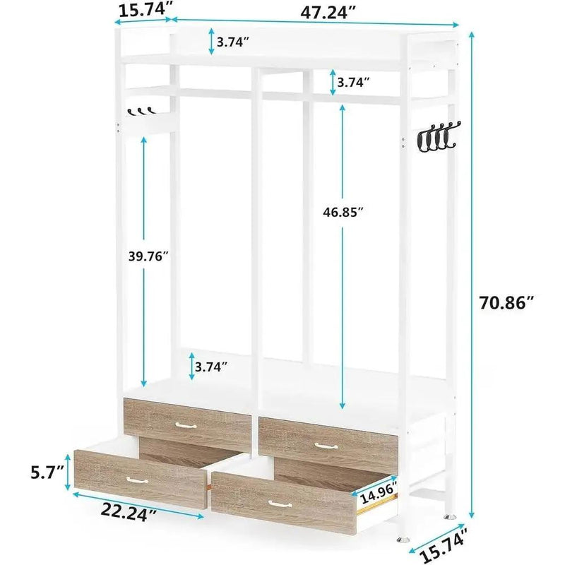 Freestanding White Oak Garment Rack Clothes Hanging Rod with 4 Storage Drawers by HomePacific