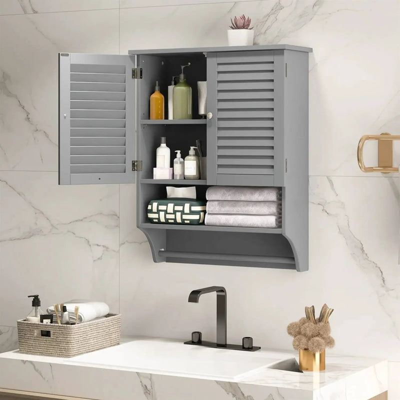 Grey Wall-Mounted Bathroom Medicine Cabinet with Louver Doors and Towel Bar by HomePacific