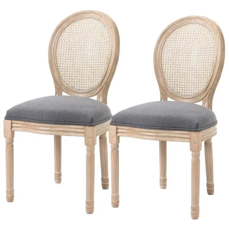 Set of 2 Vintage Upholstered Armless Rattan Back Dining Chairs Grey Wash by HomePacific