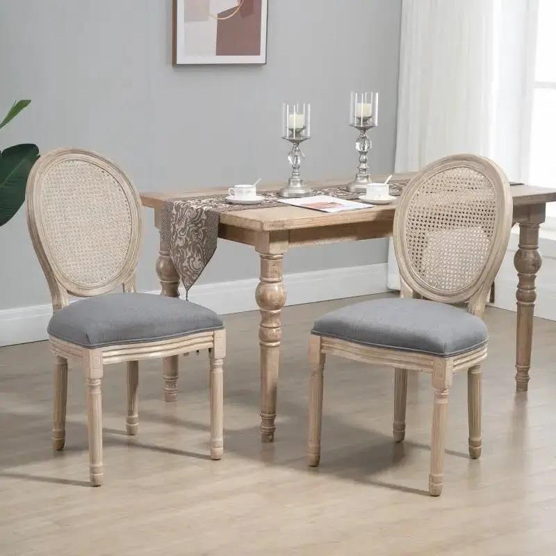 Set of 2 Vintage Upholstered Armless Rattan Back Dining Chairs Grey Wash by HomePacific