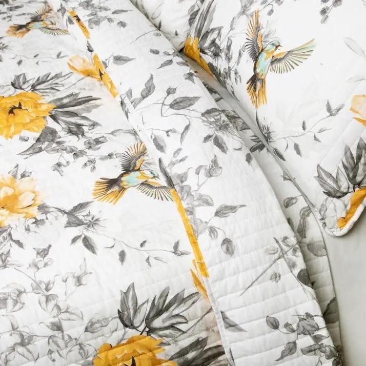 King size 3 Piece White Yellow Grey Reversible Floral Birds Cotton Quilt Set by HomePacific