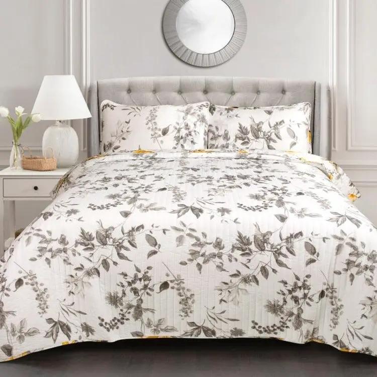 King size 3 Piece White Yellow Grey Reversible Floral Birds Cotton Quilt Set by HomePacific