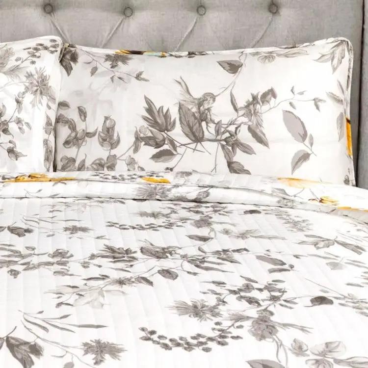 King size 3 Piece White Yellow Grey Reversible Floral Birds Cotton Quilt Set by HomePacific